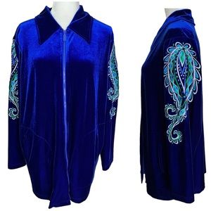 Bob Mackie Artsy Blue Velvet Floral Embroidered Full Zip Jacket Size 1X